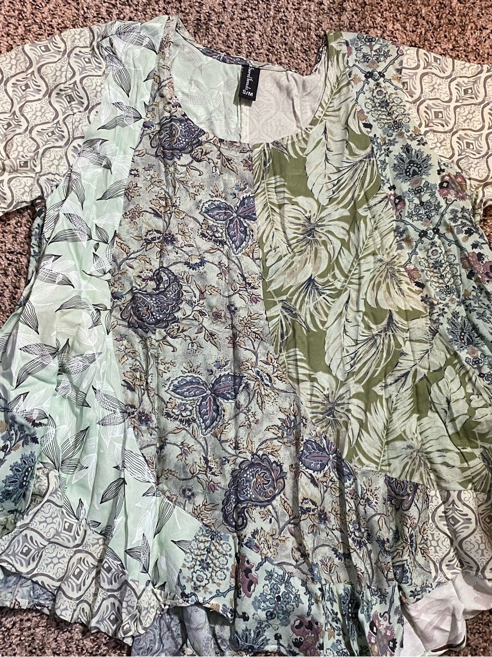 Sacred Threads Boho Tunic Blouse in Sage, Olive, and Mint Floral & Paisley Print